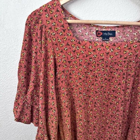 INDIGO POPPY x ANTHROPOLOGIE | Terra Cotta Floral Boho Blouse Wide Slv. | Large - Picture 1 of 7